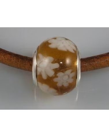 MINOPLATA ABALORIO EN PLATA Y CRISTAL DE MURANO MARRÓN CON FLORES BLANCAS