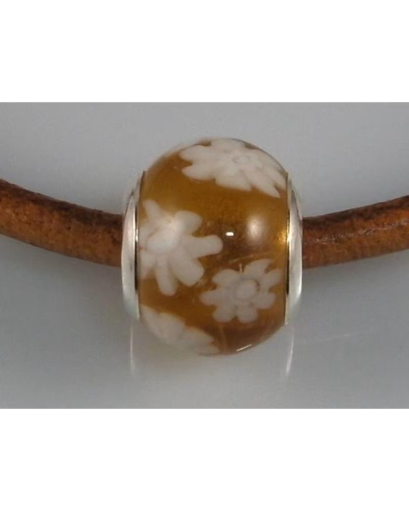 MINOPLATA ABALORIO EN PLATA Y CRISTAL DE MURANO MARRÓN CON FLORES BLANCAS