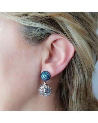 MINOPLATA PENDIENTES DE PLATA CON CÍRCULOS CALADOS Y CIRCONITAS AZULES
