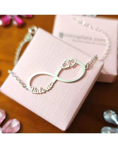 MINOPLATA PULSERA INFINITO PERSONALIZADA CON NOMBRES Y CORAZONES EN PLATA DE LEY