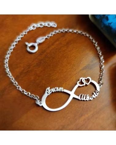 MINOPLATA PULSERA INFINITO PERSONALIZADA CON NOMBRES Y CORAZONES EN PLATA DE LEY