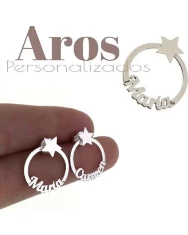 MINOPLATA PENDIENTES AROS ESTRELLA PERSONALIZADOS CON NOMBRE EN PLATA