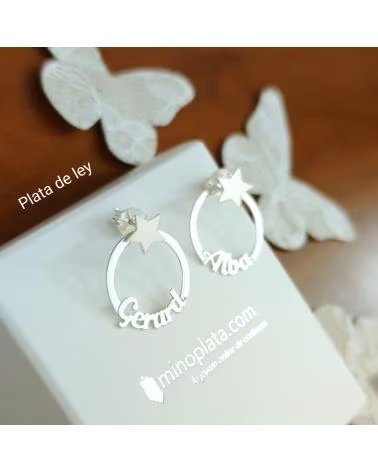 MINOPLATA PENDIENTES AROS ESTRELLA PERSONALIZADOS CON NOMBRE EN PLATA