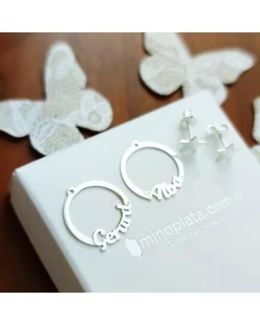 MINOPLATA PENDIENTES AROS ESTRELLA PERSONALIZADOS CON NOMBRE EN PLATA