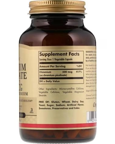 SOLGAR PICOLINATO DE CROMO 500 MCG, 120 CÁPSULAS