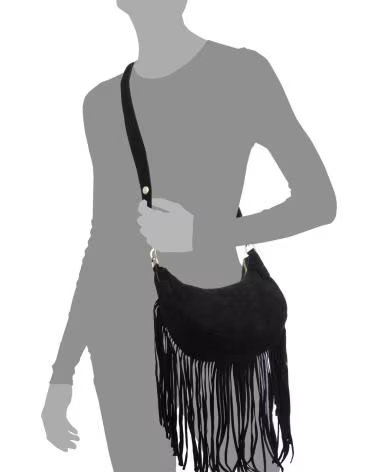 firenze artegiani Ateleta bolso bandolera de piel autentica gamuza con flecos NEGRO