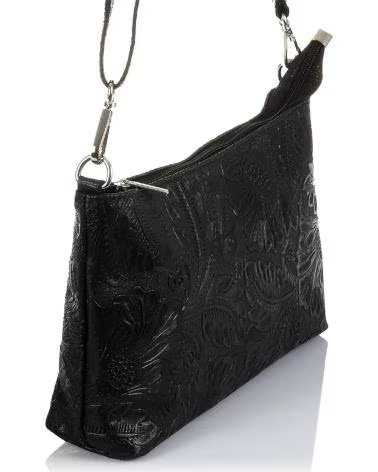 FIRENZE ARTEGIANI UMHÄNGETASCHE MARTIA AUS ECHTLEDER MIT ARABESKEN-PRÄGUNG UND REISSVERSCHLUSS FARBE SCHWARZ NEGRO