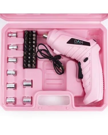 DAM DESTORNILLADOR ELECTRICO INALAMBRICO CON CAJA DE HERRAMIENTA ROSA