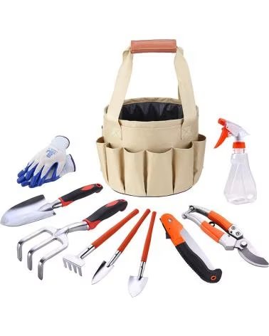 DAM JUEGO DE HERRAMIENTAS PARA JARDINERIA CON BOLSA DE JARDIN Y NARANJA