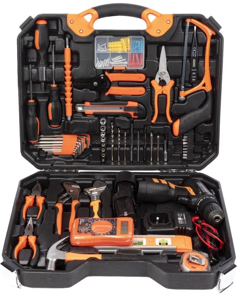 DAM JUEGO DE HERRAMIENTAS CON MALETIN TALADRO ELECTRICO DE DOBLE NARANJA