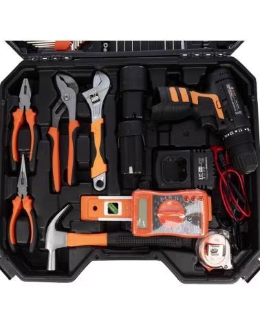 DAM JUEGO DE HERRAMIENTAS CON MALETIN TALADRO ELECTRICO DE DOBLE NARANJA