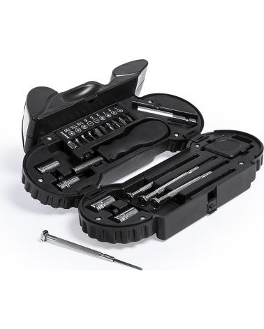DAM SET DE HERRAMIENTAS MOSTIK CON 21 ACCESORIOS EN ESTUCHE FORMA MOTO NEGRO