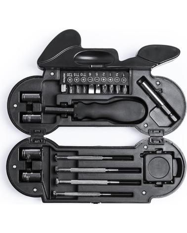 DAM SET DE HERRAMIENTAS MOSTIK CON 21 ACCESORIOS EN ESTUCHE FORMA MOTO NEGRO