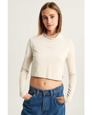 VANS OFF THE WALL SCRIPT MINI MOCK LONG SLEEVE T-SHIRT IN BEIGE OATMEAL