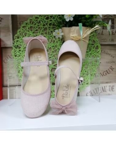 Sapatos de Menina TOKOLATE SAPATILHAS MERCEDITAS DE BIQUEIRA BAIXA COM LAÇO TRASEIRO EM TULE ROSA EMPOEIRADO EMPOLVADO