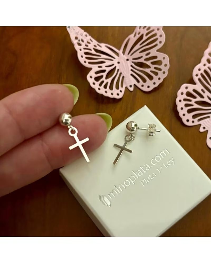 MINOPLATA PENDIENTES DE BOLA 5 MM CON CRUZ COLGANTE