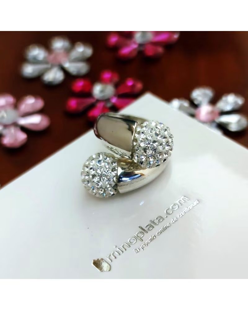 MINOPLATA ANILLO EN PLATA DE LEY CON BOLAS DE CRISTAL BLANCAS