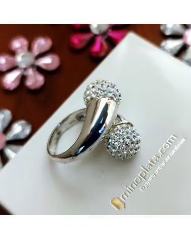 MINOPLATA ANILLO EN PLATA DE LEY CON BOLAS DE CRISTAL BLANCAS