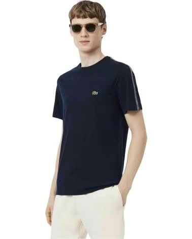 LACOSTE T-SHIRT BRANDED STRIPE BAND A MANICHE CORTE BLU NAVY MARINO
