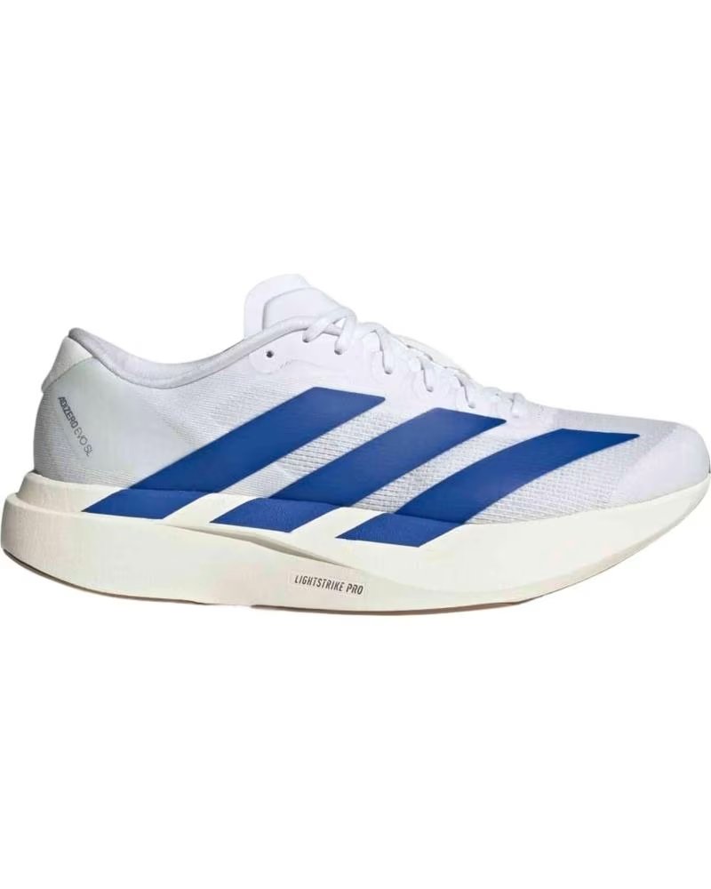 ADIDAS ADIZERO EVO SL RUNNING SHOES, WHITE AND ROYAL BLUE