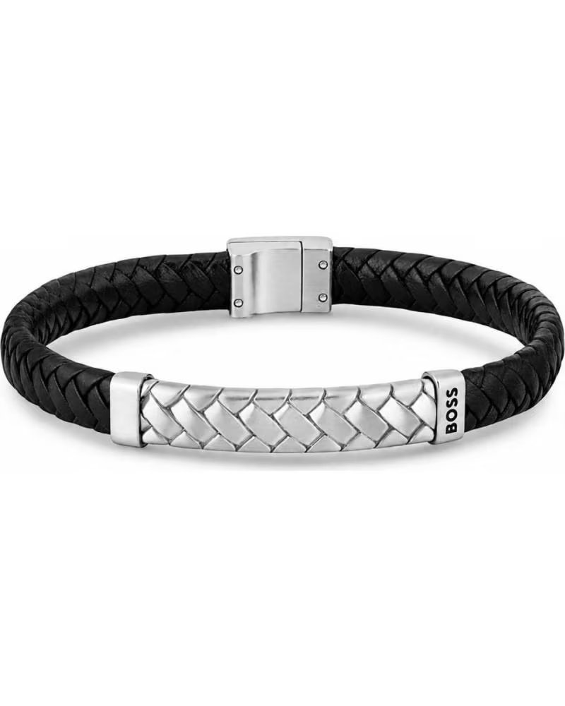 BOSS BRAIDED LEATHER BRACELET WITH STAINLESS STEEL DETAIL
