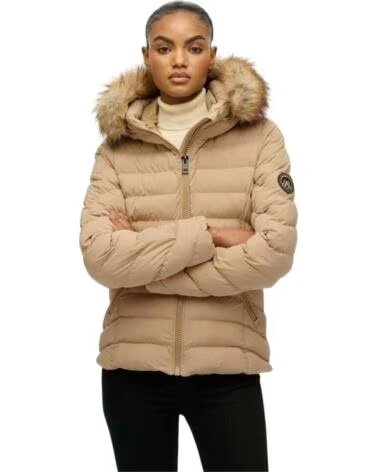 UNDER ARMOUR PADDED JACKET IN BEIGE WITH HOOD AND FAUX FUR NAN