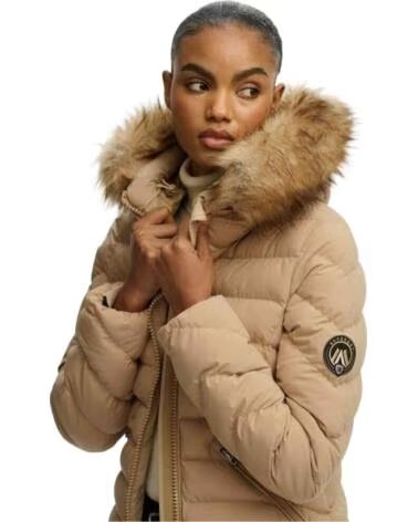 UNDER ARMOUR PADDED JACKET IN BEIGE WITH HOOD AND FAUX FUR NAN