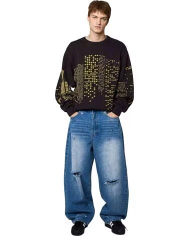 GRIMEY BAGGY JEANS WITH STUD DETAILS WASHED BLUE