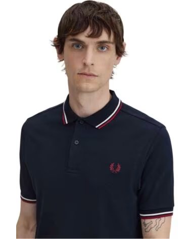 FRED PERRY POLO M3600-T55 DE MANGA CURTA COM DETALHES CONTRASTANTES NAVY-RED