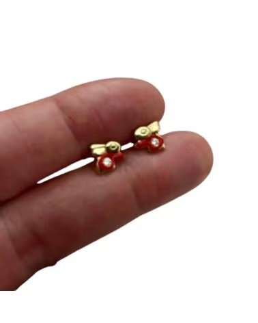 MINOPLATA Pendientes Conejito Rojo De Plata De Ley Chapada En Oro Con Cierre Rosca Bebe