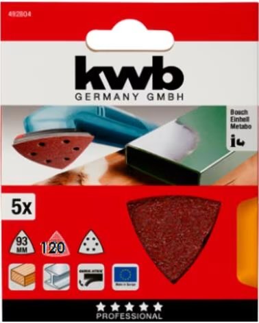 KWB CONJUNTO DE 5 FOLHAS DE LIXA TRIANGULARES 93MM GRÃO 120 MULTICOLOR