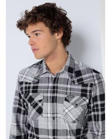 SIX VALVES - Camisa manga larga de cuadros franela con bolsillos GRIS