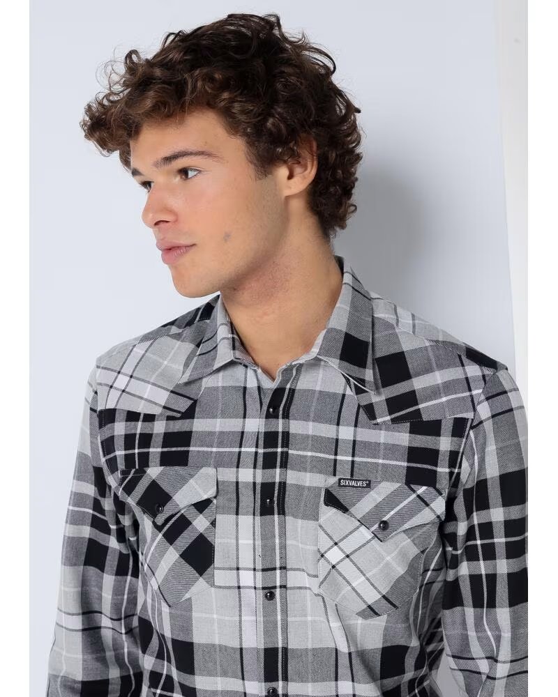 SIX VALVES - Camisa manga larga de cuadros franela con bolsillos GRIS