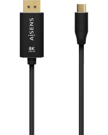 AISENS Cable Conversor DisplayPort 8K 60HZ A109-0687- USB Tipo-C Macho - Displayport Macho- Hasta 27W- 1250Mbps- 1 8m- Negro