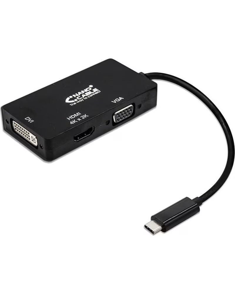 NANO CABLE Conversor Nanocable 10 16 4301-BK- USB Tipo-C Macho - VGA Hembra- DVI Hembra- HDMI Hembra- 10cm- Negro