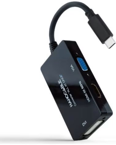 NANO CABLE Conversor Nanocable 10 16 4301-ALL- USB Tipo-C Macho - HDMI Hembra - DVI-I Hembra - VGA Hembra- 20cm- Negro