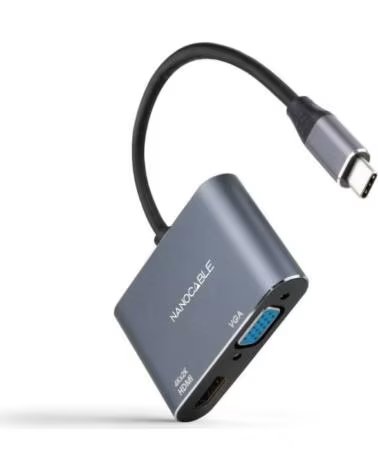 NANO CABLE Conversor Nanocable 10 16 4303- USB Tipo-C Macho- HDMI Hembra - VGA Hembra- 15cm- Gris