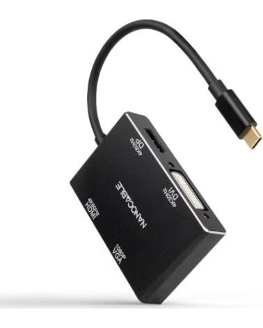 NANO CABLE Conversor Nanocable 10 16 4307- USB Tipo-C Macho - VGA Hembra- DVI Hembra- HDMI Hembra- DisplayPort Hembra- 10cm- Neg