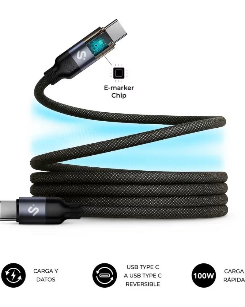 SUBBLIM Cable USB 2 0 Tipo-C PowerMag Led- USB Tipo-C Macho - USB Tipo-C Macho- Hasta 100W- 480Mbps- 2m- Negro