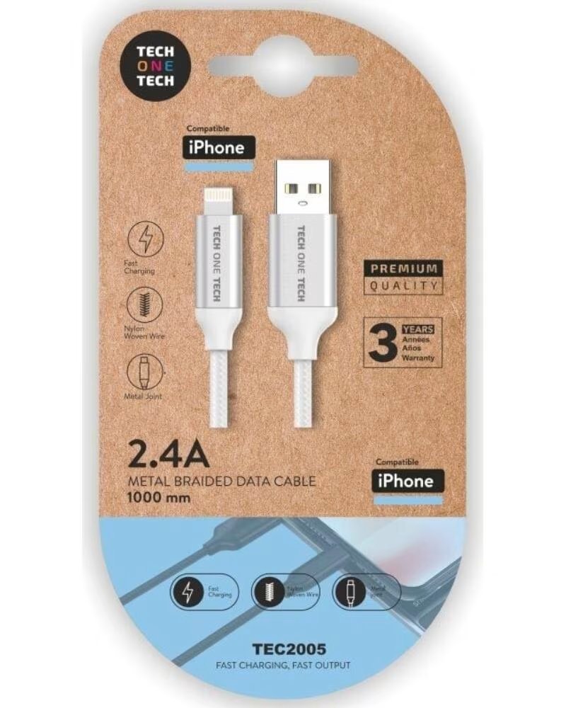 TECH ONE TECH Cable USB 2 0 TEC2005- USB Macho - Lightning Macho- 1m- Blanco
