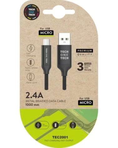 TECH ONE TECH Cable USB 2 0 TEC2001- USB Macho - MicroUSB Macho- 1m- Negro