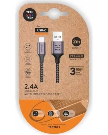 TECH ONE TECH Cable USB 2 0 Tipo-C TEC2023- USB Tipo-C Macho - USB Macho- 2m- Gris