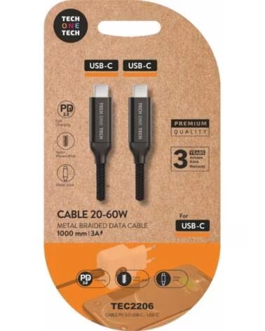 TECH ONE TECH Cable USB 2 0 Tipo-C TEC2206- USB Tipo-C Macho - USB Tipo-C Macho- Hasta 60W- 480Mbps- 1m- Negro