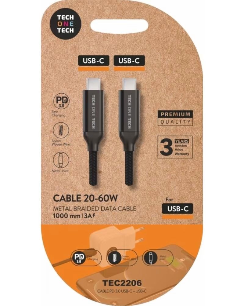 TECH ONE TECH Cable USB 2 0 Tipo-C TEC2206- USB Tipo-C Macho - USB Tipo-C Macho- Hasta 60W- 480Mbps- 1m- Negro