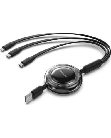 VENTION Cable USB Retractil TRJBBE- USB Macho - Lightning- 2xUSB Tipo-C- Hasta 17 5W- 10Gbps- 1 1m- Negro
