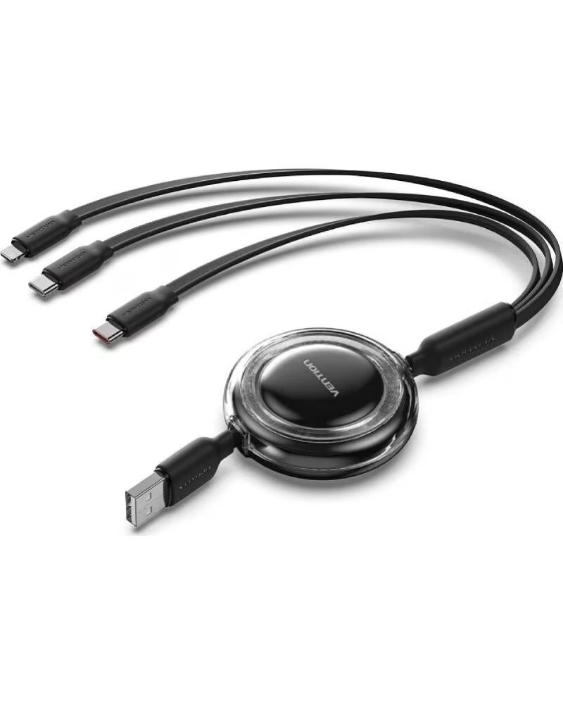 VENTION Cable USB Retractil TRJBBE- USB Macho - Lightning- 2xUSB Tipo-C- Hasta 17 5W- 10Gbps- 1 1m- Negro
