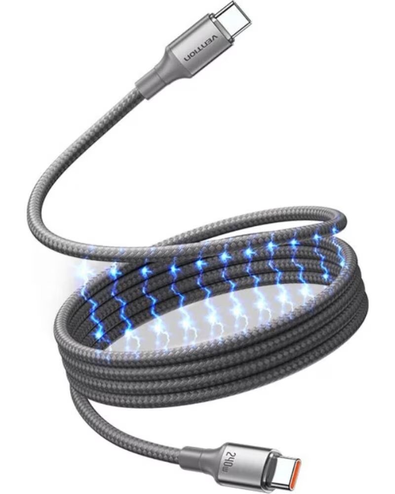 VENTION Cable Magnetico USB 2 0 Tipo-C 5A TSAJF- USB Tipo-C Macho - USB Tipo-C Macho- Hasta 240W- 480Mbps- 1m- Titanio