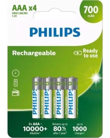 PHILIPS Pack de 4 Pilas AAA R03B4A70-10- 1 2V- Recargables
