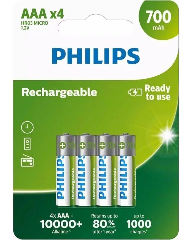 PHILIPS Pack de 4 Pilas AAA R03B4A70-10- 1 2V- Recargables