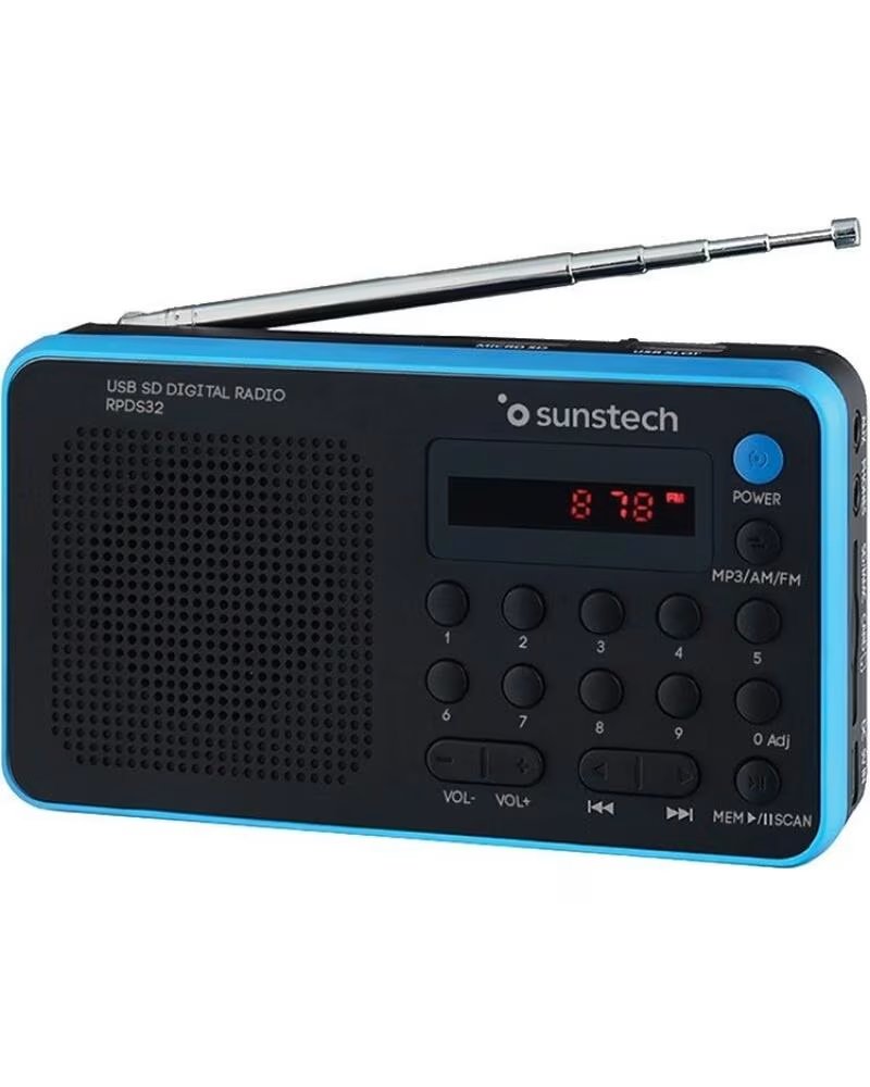 SUNSTECH Radio Portatil RPDS32BL- con Bateria- Negra y Azul